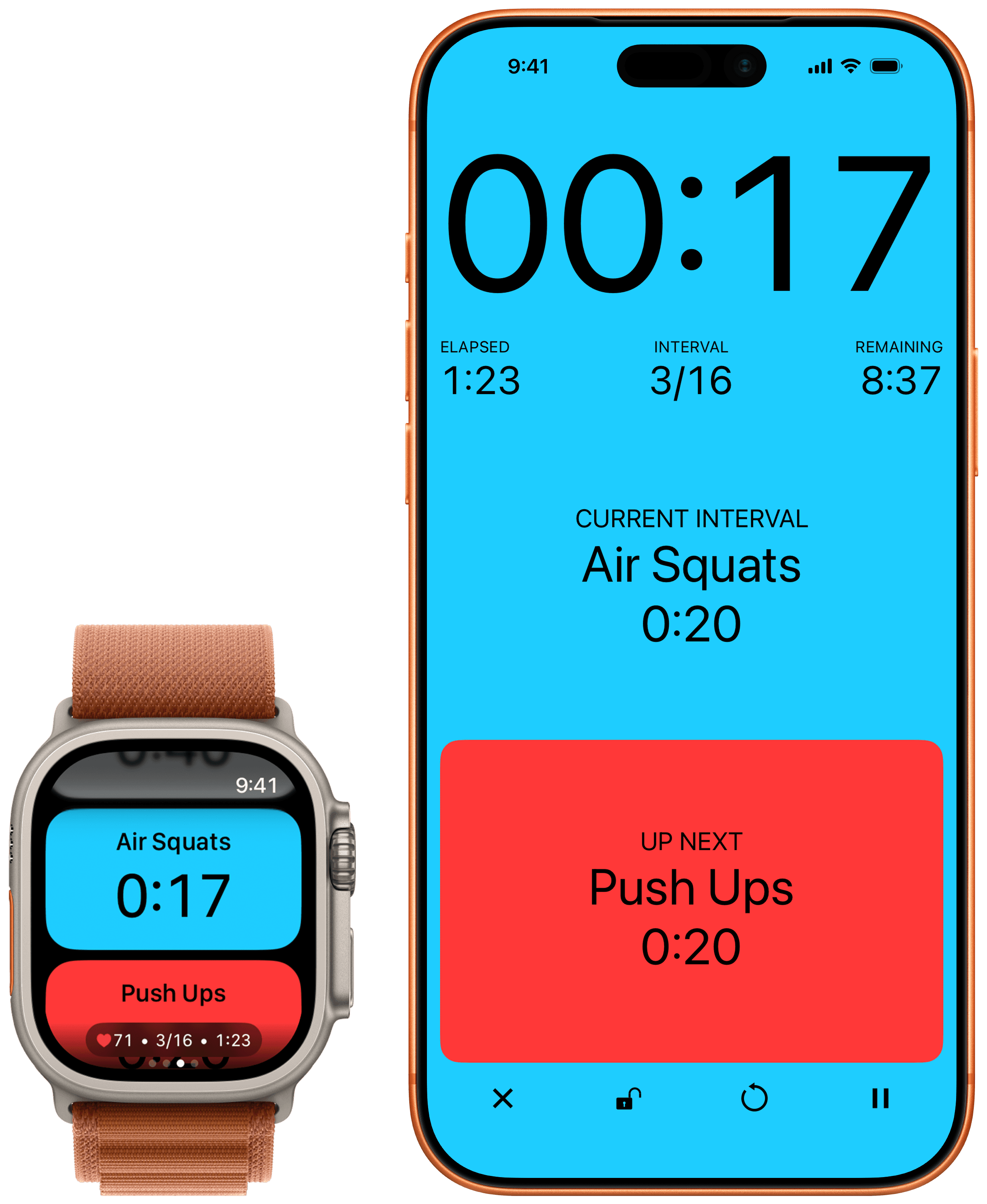 Seconds Interval Timer running on Apple Watch and iPhone
